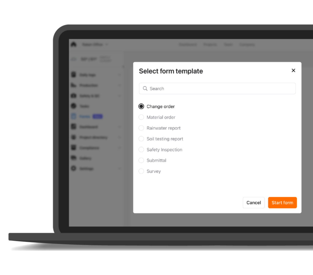 Selecting a construction form template in Raken.