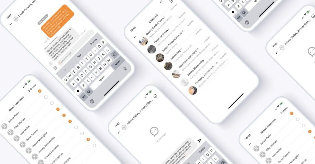 mobile screenshots of Raken's messaging feature.