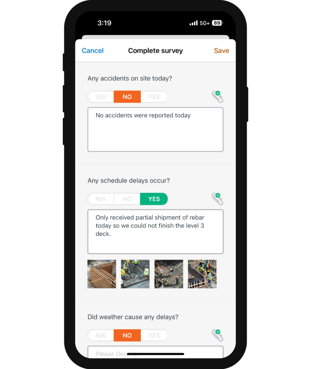 daily survey screen in Raken app.