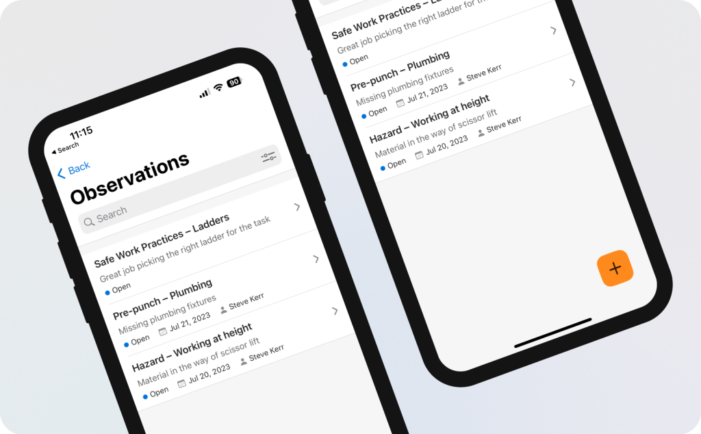 Mobile observations in Raken construction app.