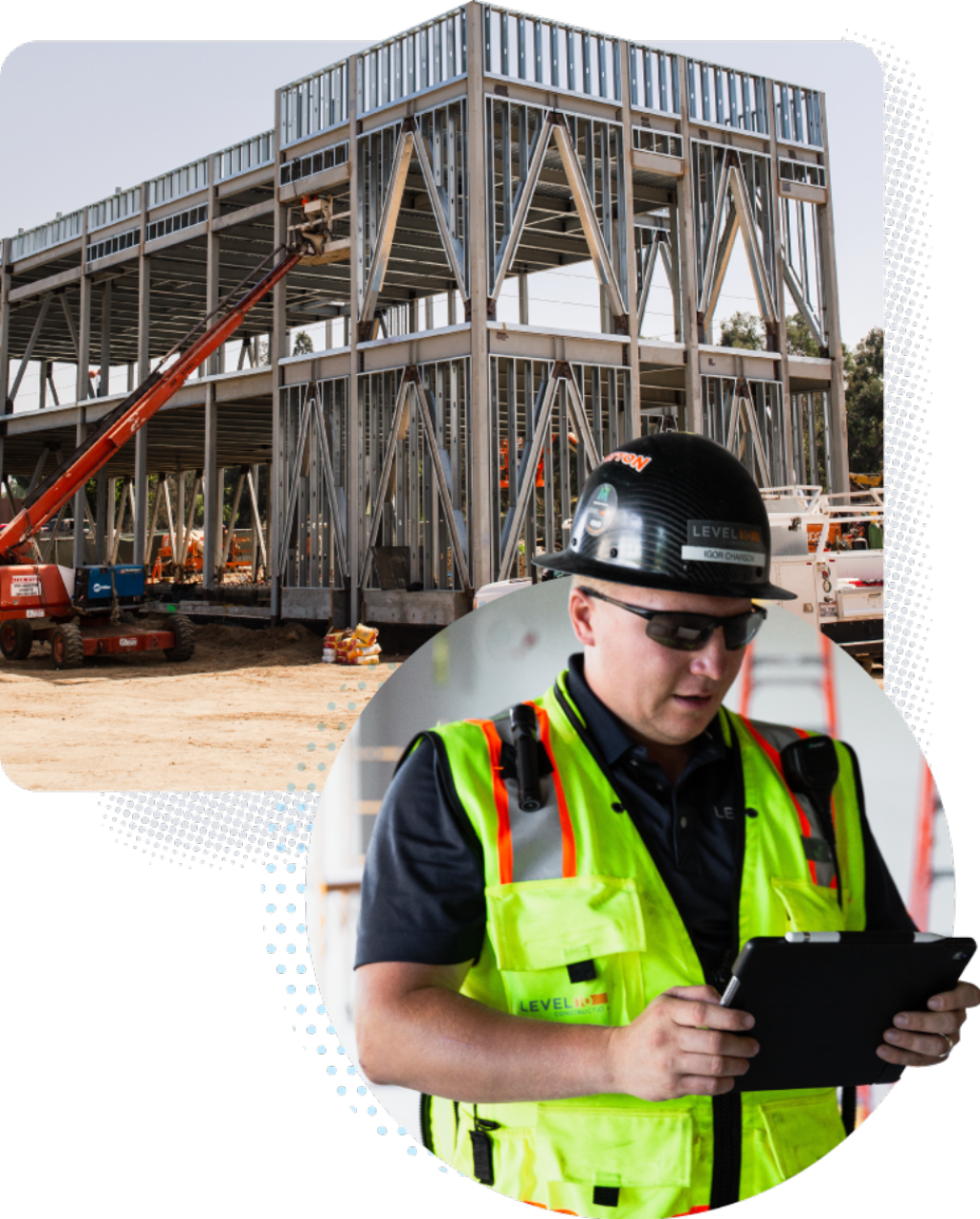 contractor using tablet on construction site.