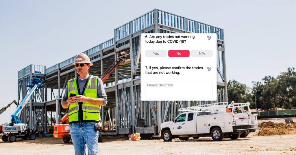 construction worker using construction checklist app.