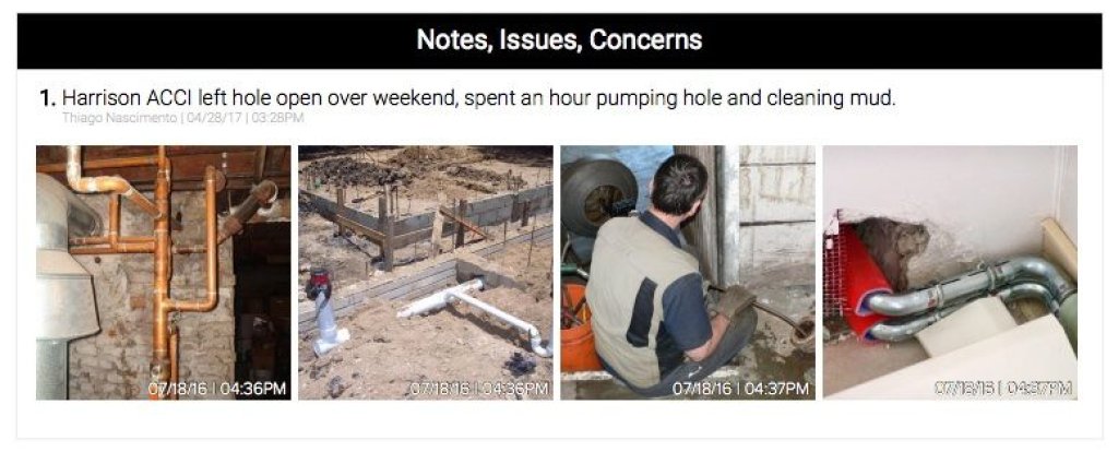 Notes, Issues, and Concerns section in daily construction report.