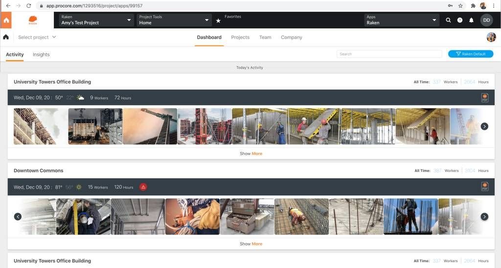 Raken daily reports dashboard within Procore's project home.