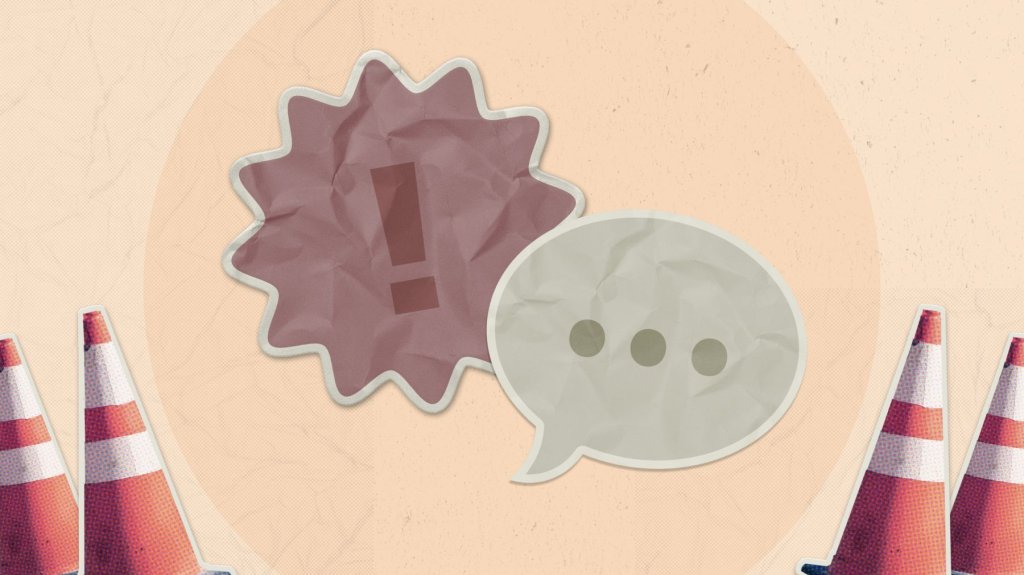 illustration with orange safety cones and speech bubbles.