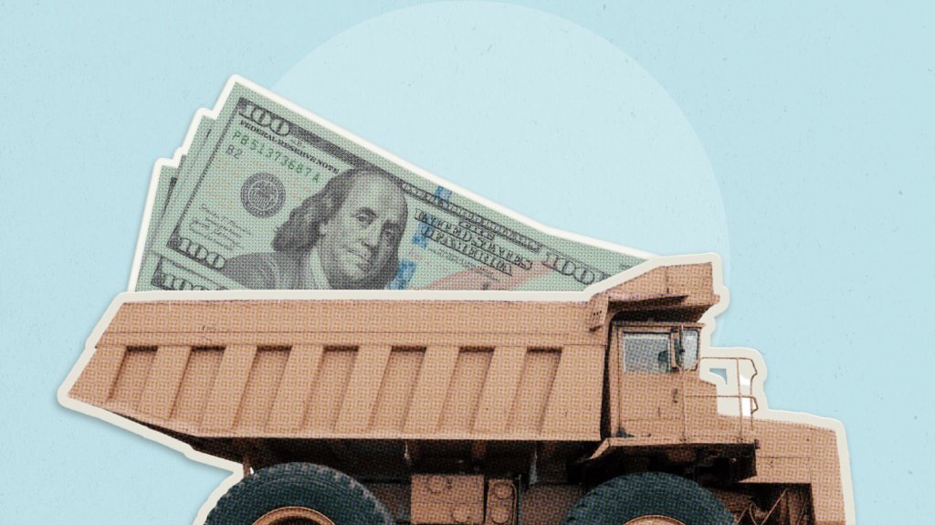 Construction truck with hundred dollar bills illustration.