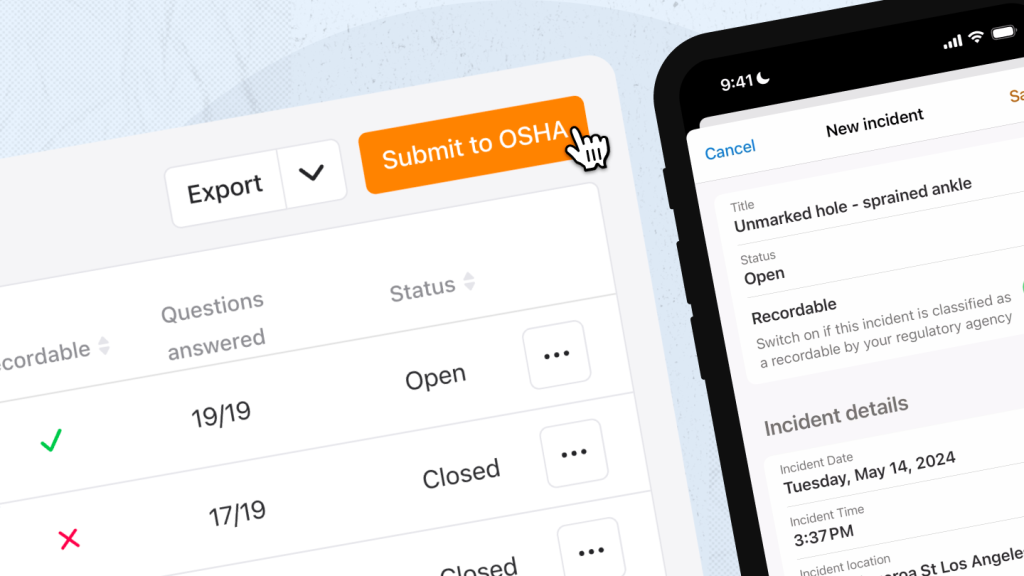OSHA submit button in Raken construction incident management software.