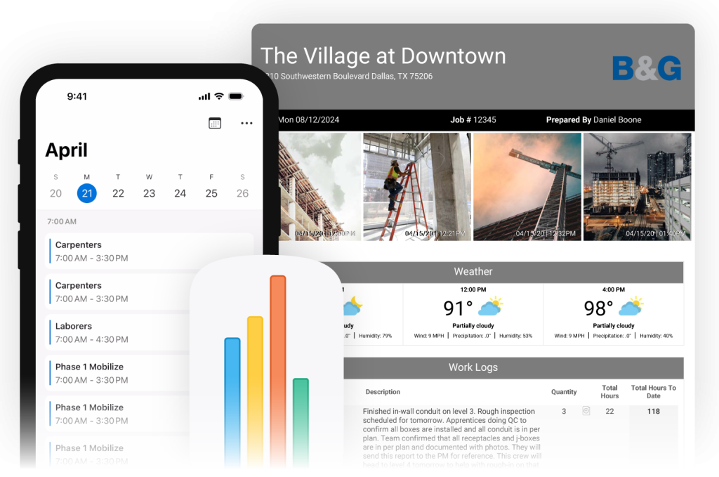 Raken construction management app screens.
