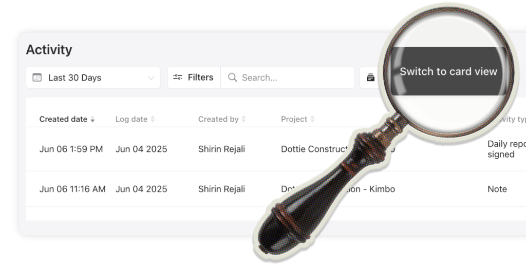 Raken jobsite activity views.