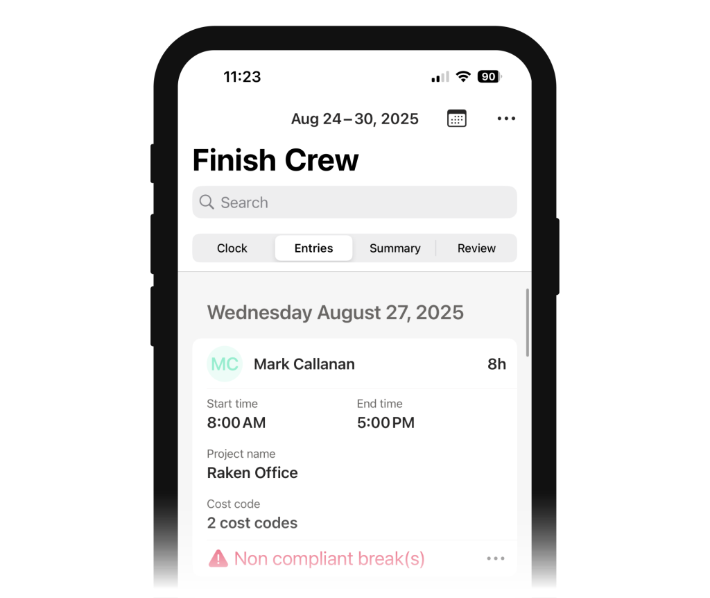 Raken time tracking app time entries screen.