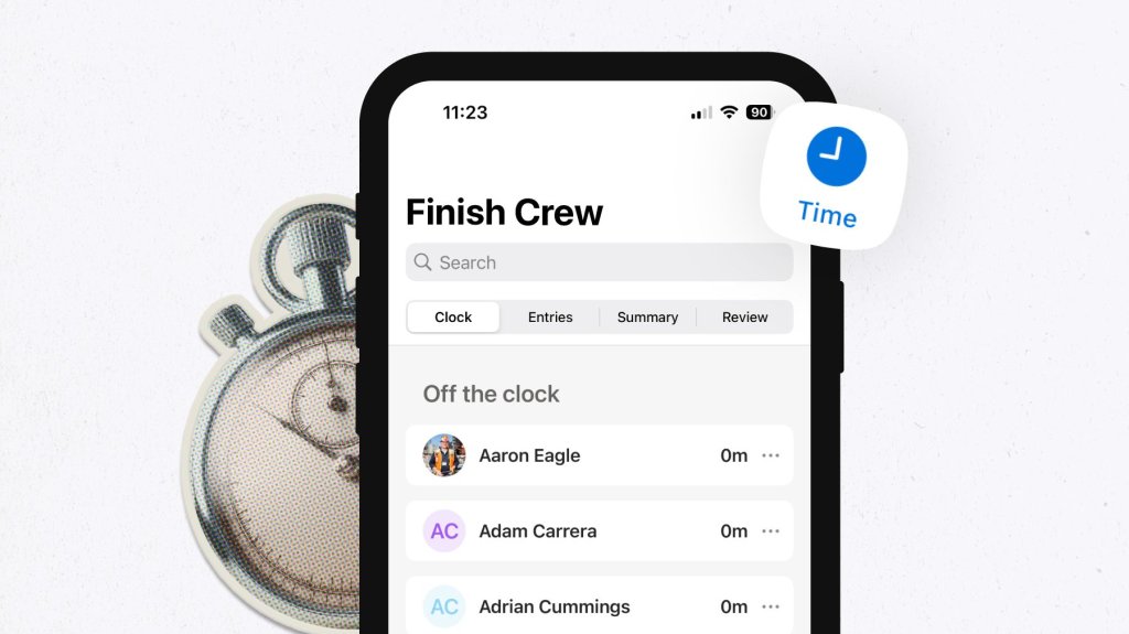 Raken construction app mobile time tracking review screen.