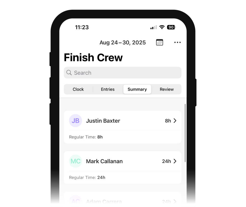 Raken time tracking app summary screen.