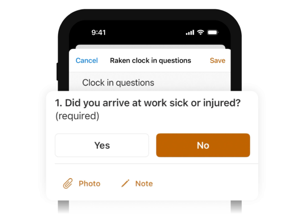 custom clock in and clock out questions in Raken.