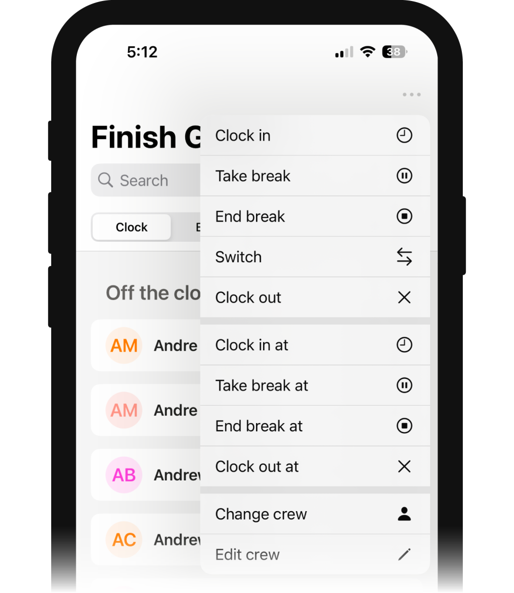 Raken time clock app on mobile.