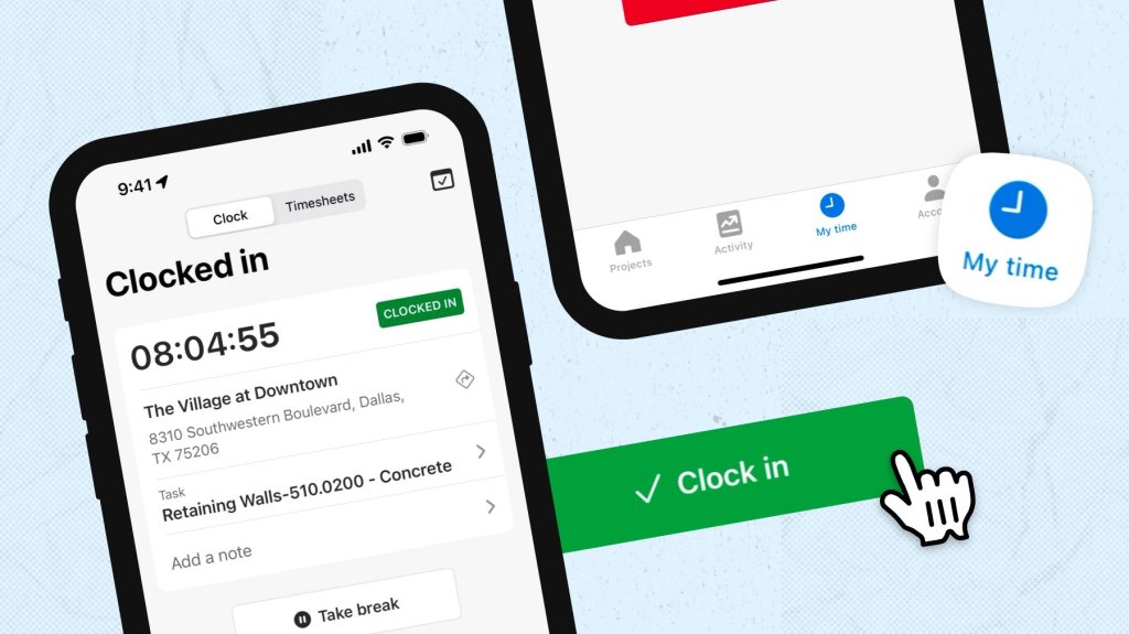 Raken construction time clock app bulk clock in feature.