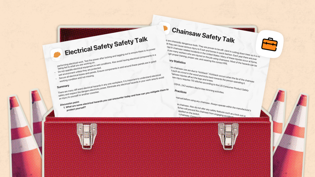 Construction safety talk in a toolbox.
