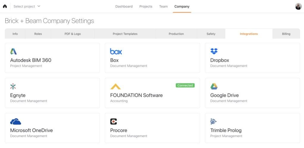 Integration Hub in Raken web app.
