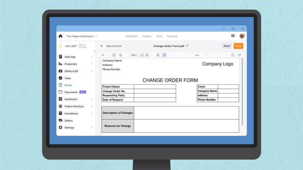 Change order form in Raken construction software.