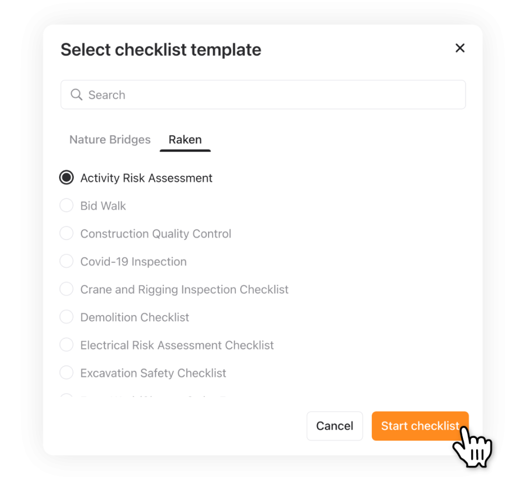 Selecting a construction checklist template in Raken.