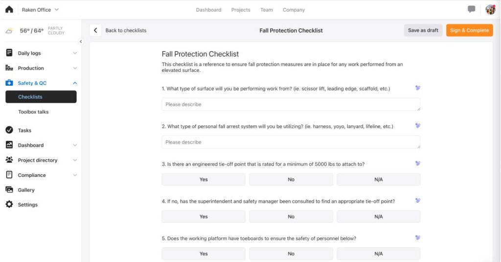 screenshot from Raken's construction checklist software.