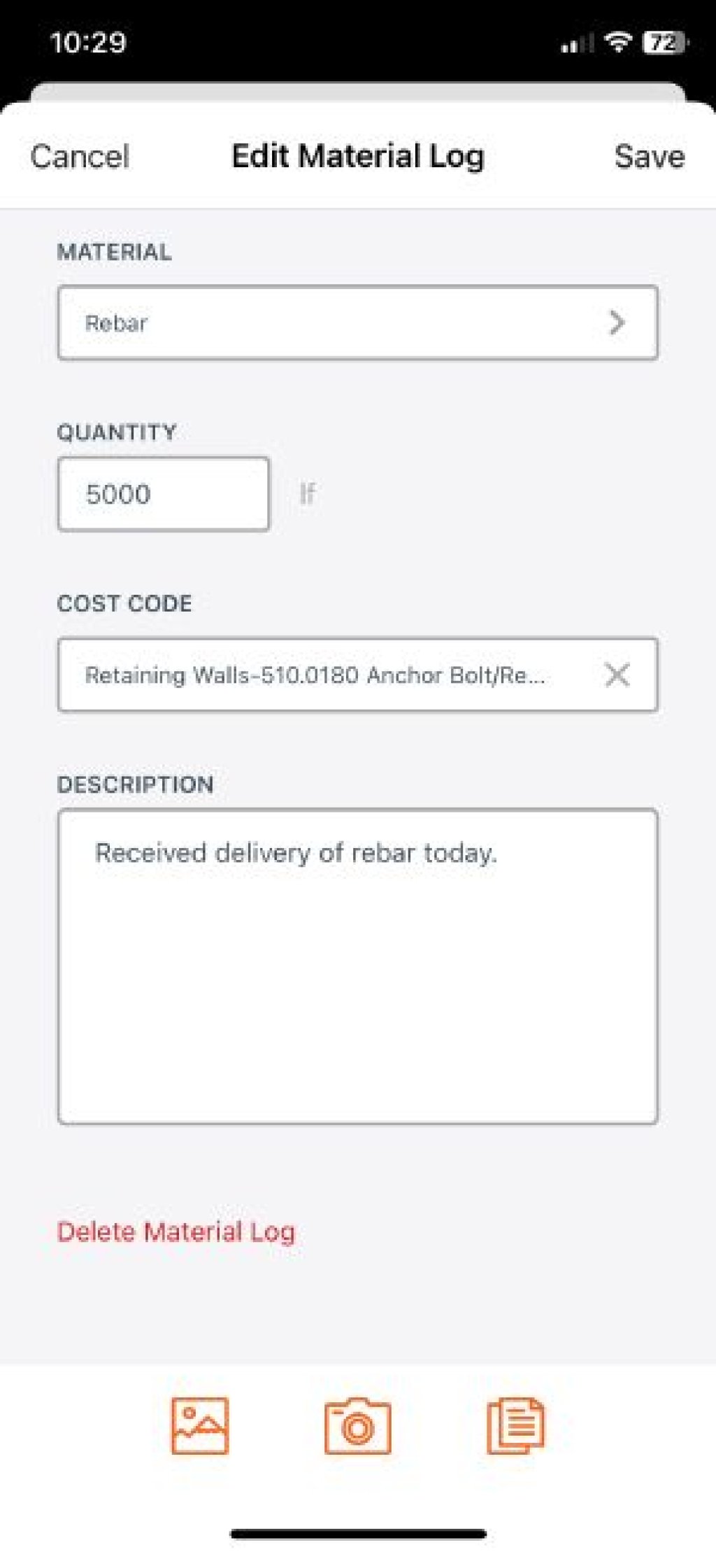 Raken app material log. Add cost codes, material, and quantity.