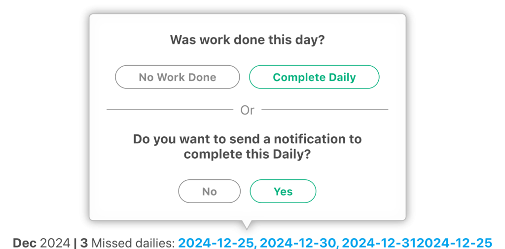 Raken construction software screenshot for completing missed daily reports.