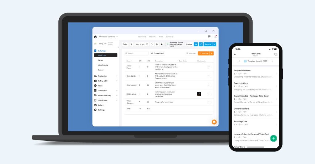 Construction productivity tracking software on laptop and mobile phone.