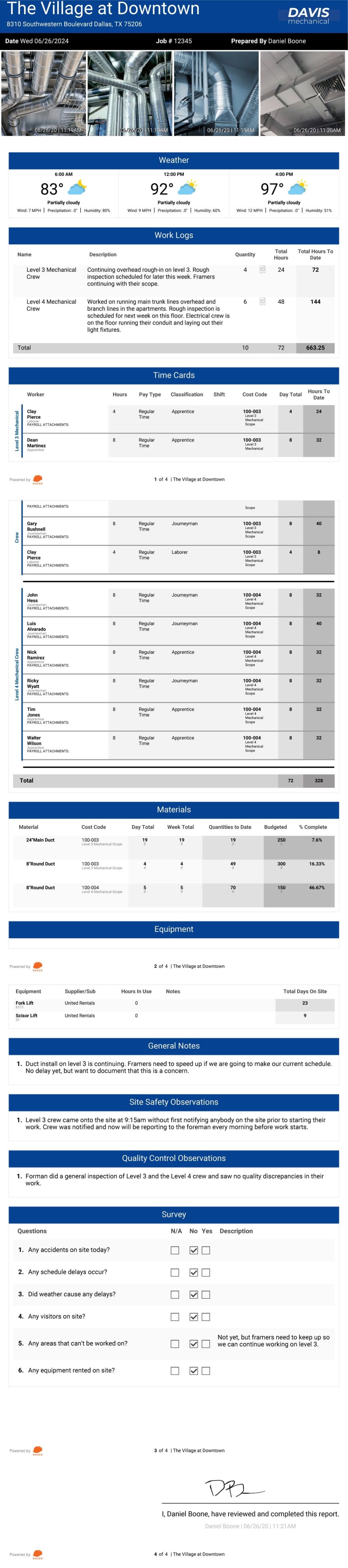 Mechanical contractor daily report example.