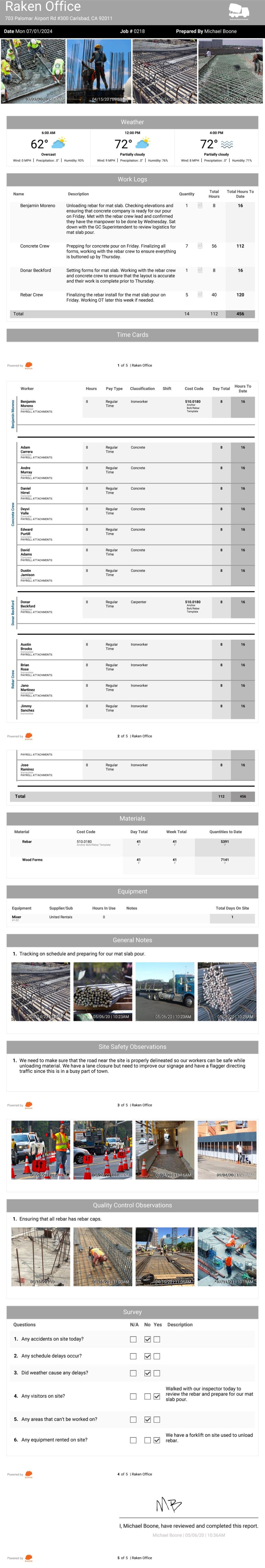 Concrete contractor daily report example.