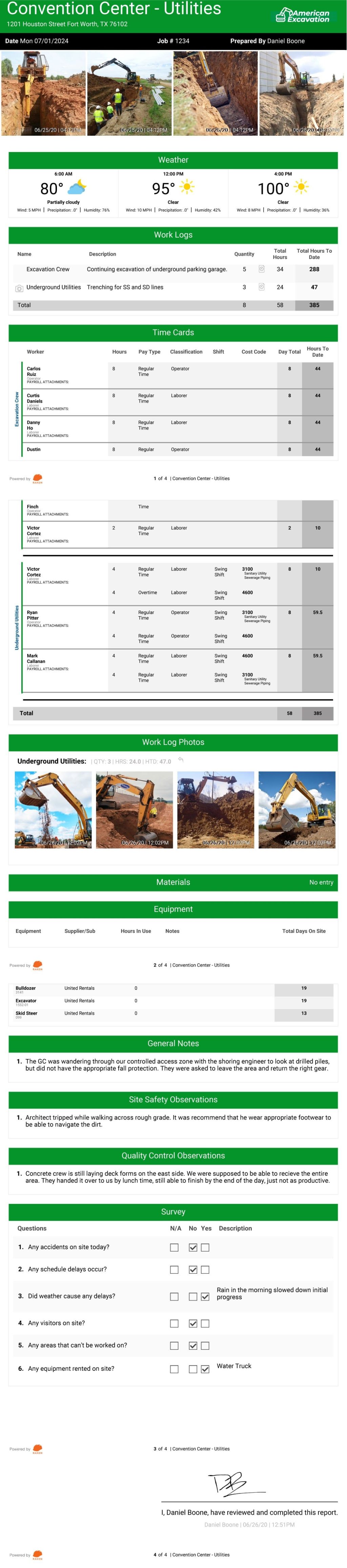 Excavating contractor daily report example.