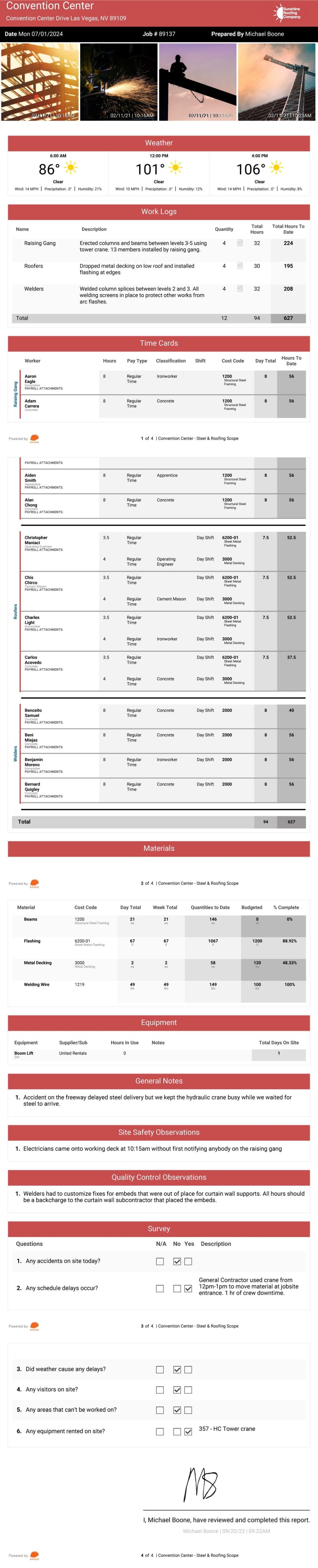 Roofing contractor daily report example.