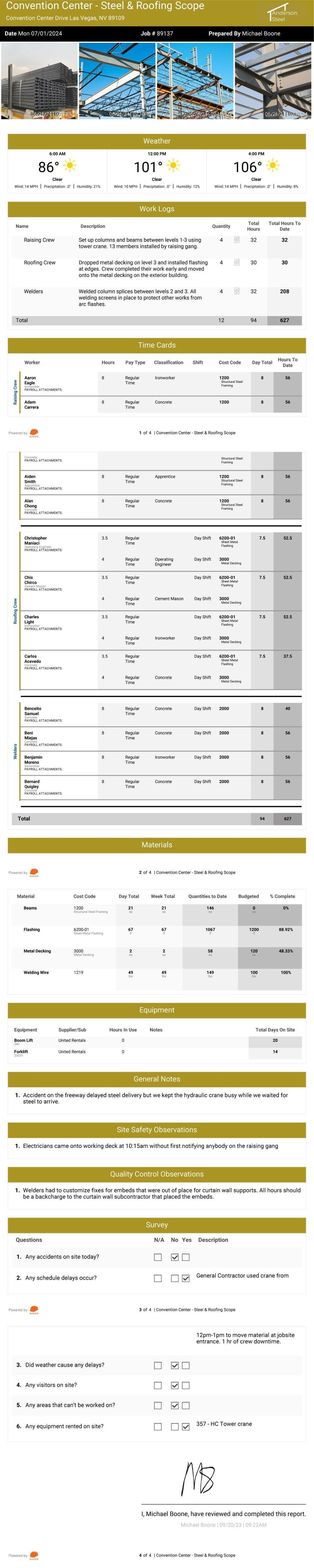 Steel contractor daily report example.