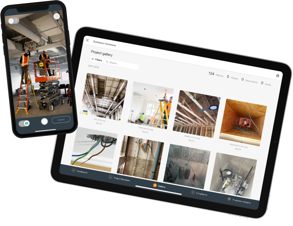Construction photo documentation feature on mobile and tablet.