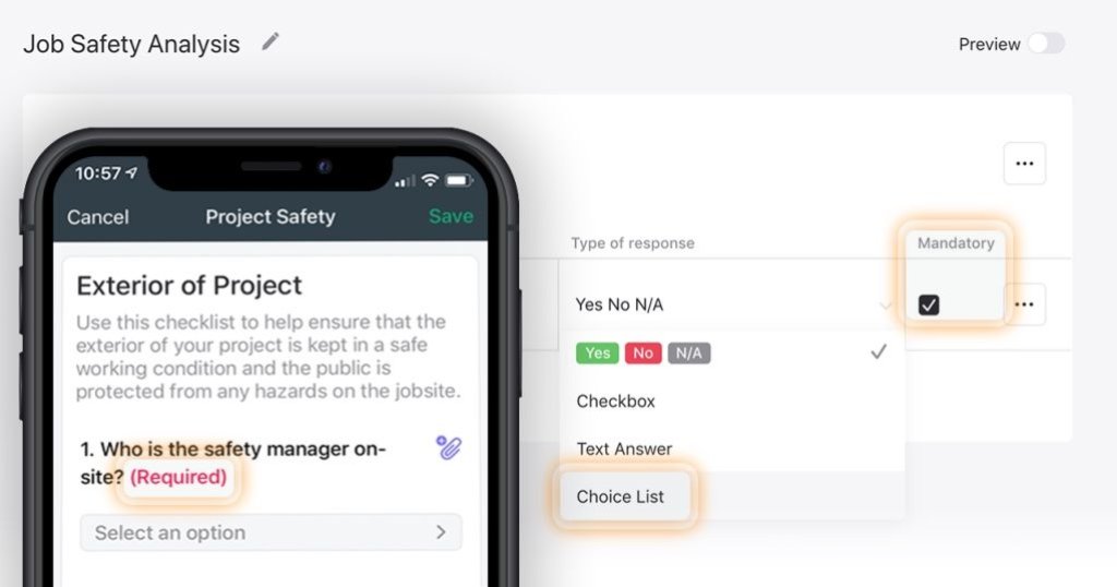 mandatory and multi-choice checklist questions.