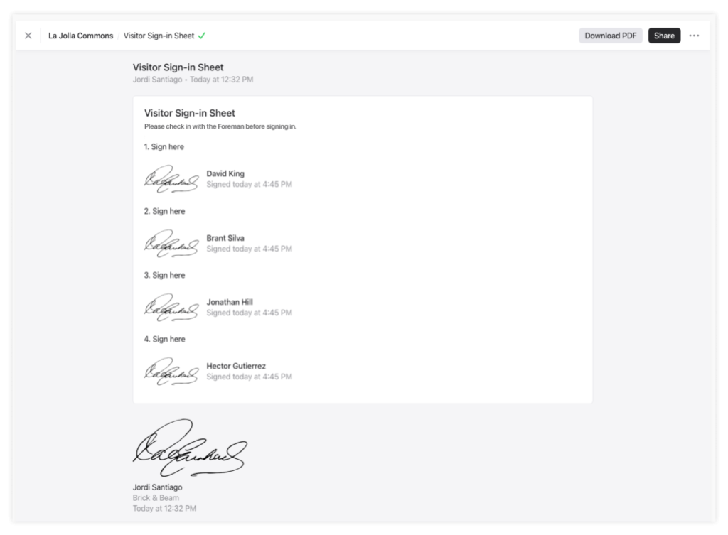 multiple signatures on visitor sign-in sheet in Raken web app.