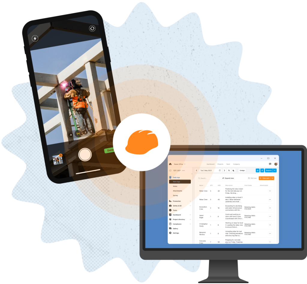 enterprise construction management software shown on mobile phone and laptop.
