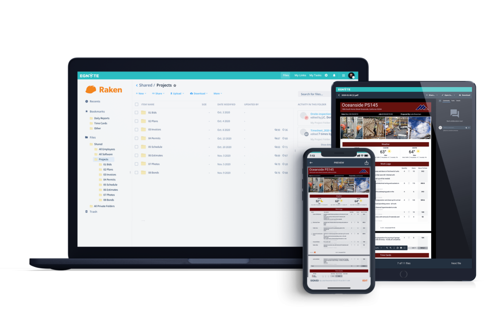 Raken & Egnyte software integration shown on mobile phone, laptop, and tablet.