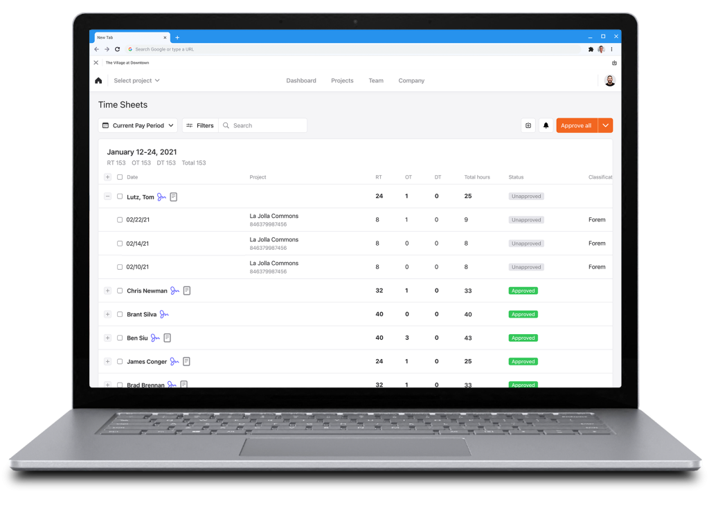 Raken timesheets software shown on laptop.
