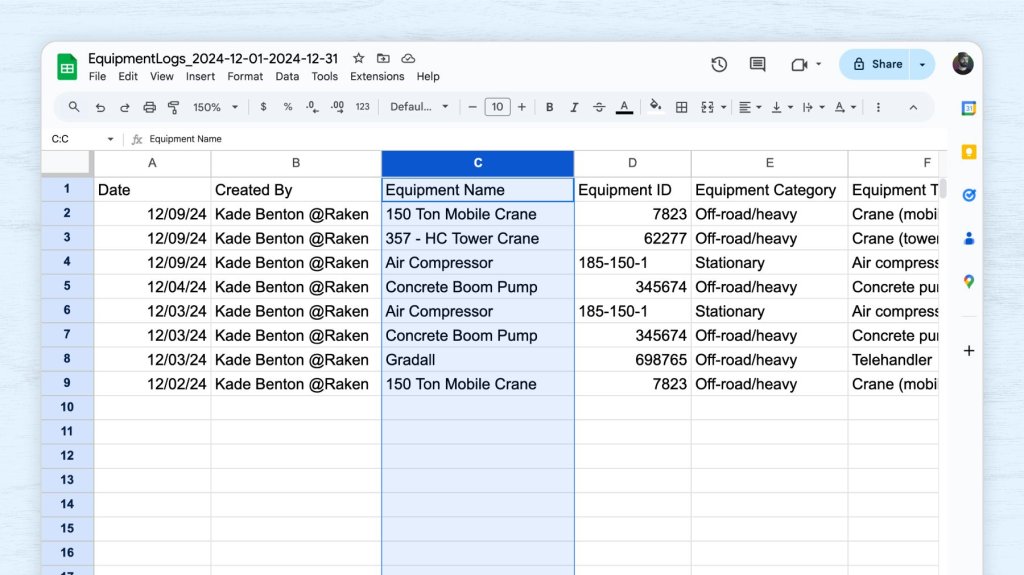 Raken construction equipment log.
