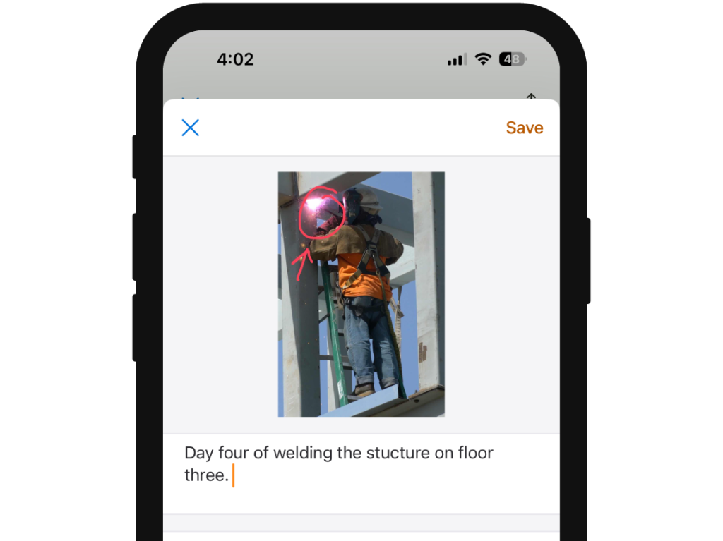 Add photo markup and description to construction photo in app.