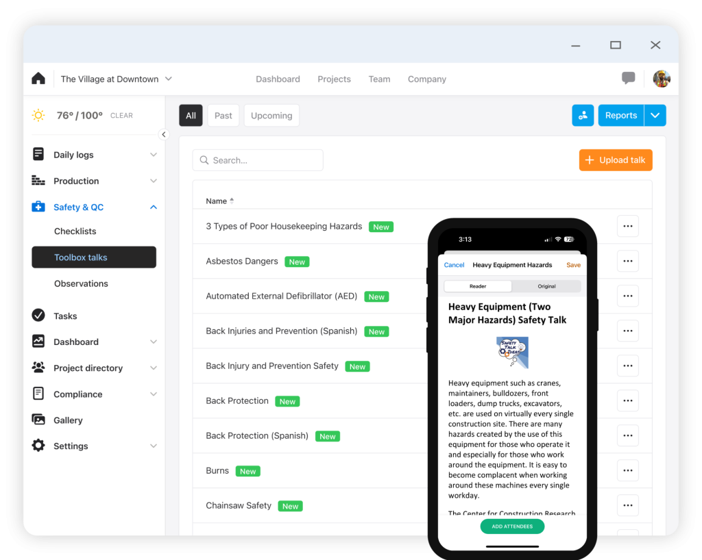 desktop and mobile view of topics library on toolbox talks app.