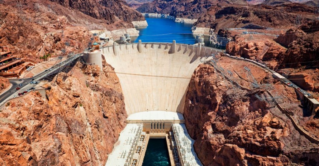 aerial view of hoover dam.