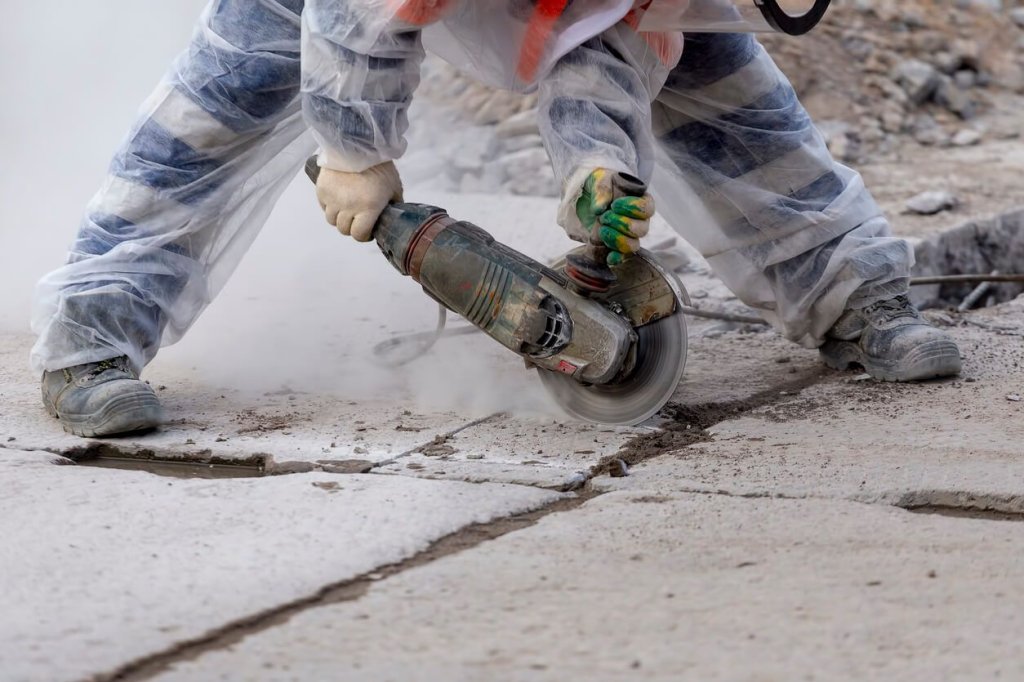 Construction worker using power saw to cut through concrete.