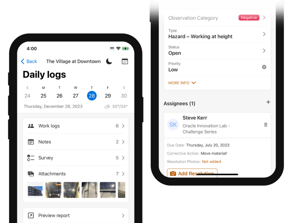 daily log and observation screens.
