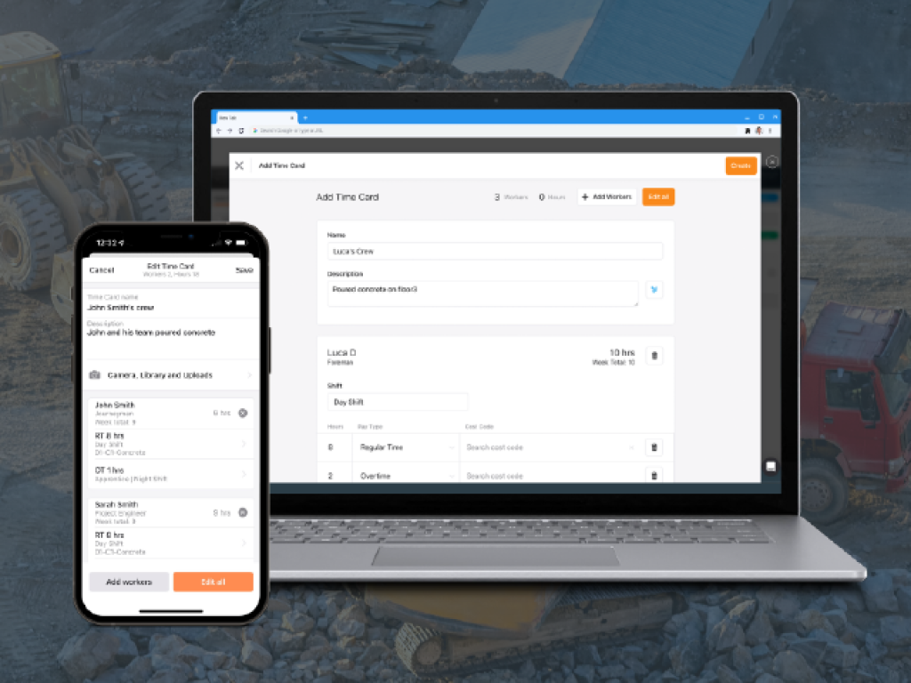 Raken's custom pay types shown on laptop and mobile phone.
