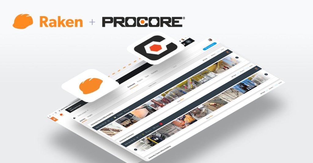 Raken and Procore logos with a connecting line and integration interface.