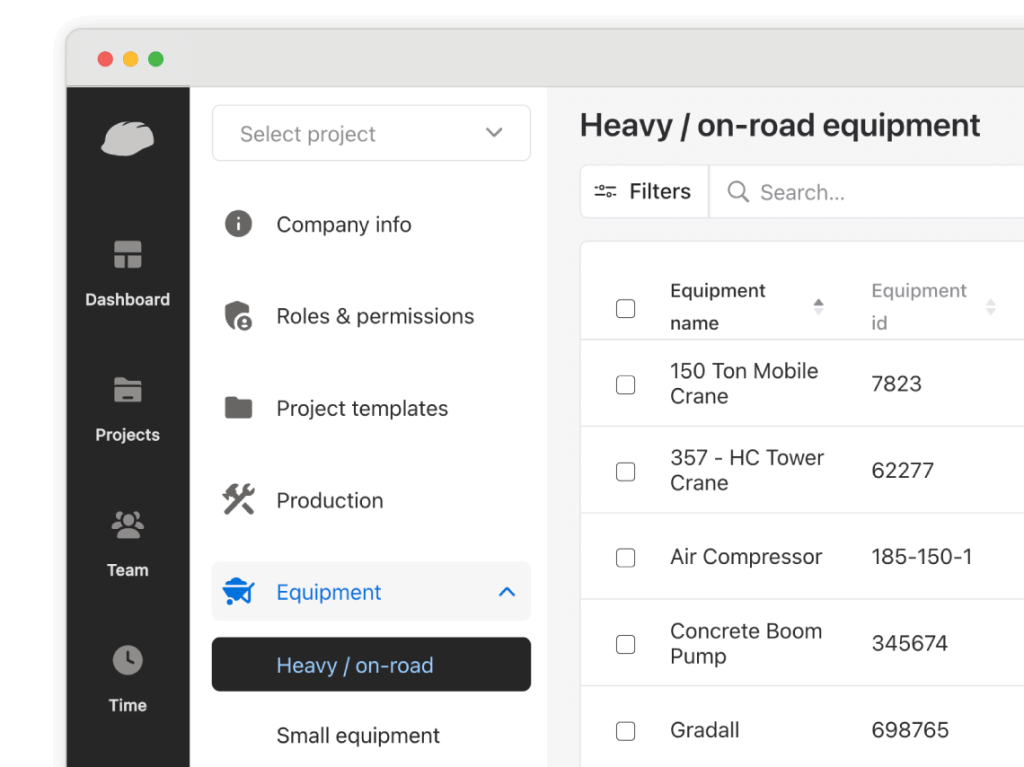 equipment tracking screen.