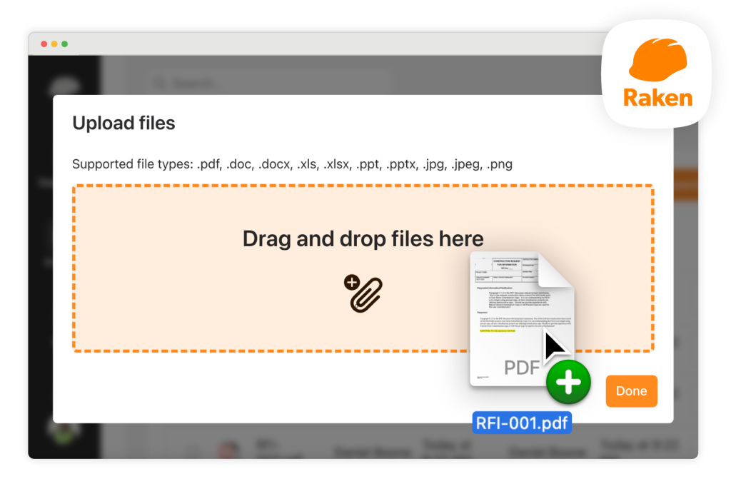 Screen to upload documents to Raken construction document management app.