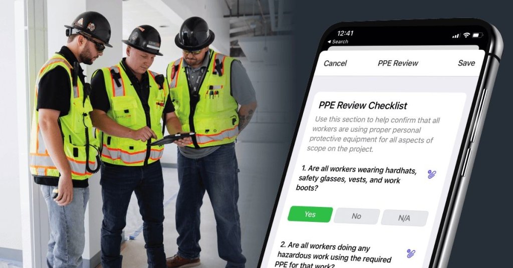 Construction workers using PPE Review Checklist on Raken's mobile app.