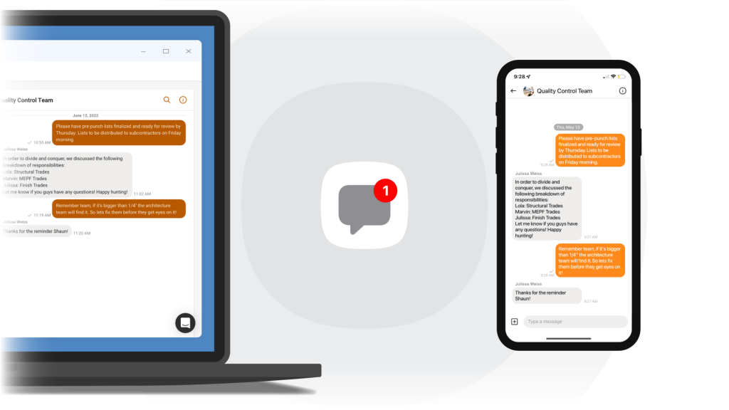 Construction communication software on laptop and phone.